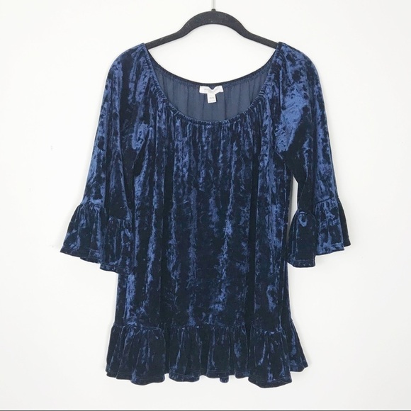 BEACHLUNCHLOUNGE Blue Crushed Velvet Peplum Blouse Fall Winter Holiday Career M - Picture 2 of 7